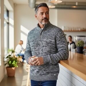 JB Holt Men's Speckled Knit 1/4 zip Mock Neck Button Up Cotton Sweater Classic L